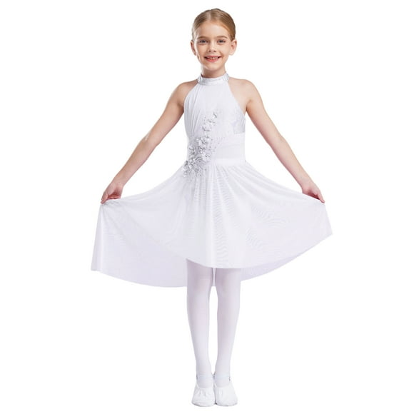Runhomal Kids Girls Figure Skating Dress Sparkly Sleeveless Ballet Leotard Skirt Lyrical Contemporary Dancing Costume Ivory 14