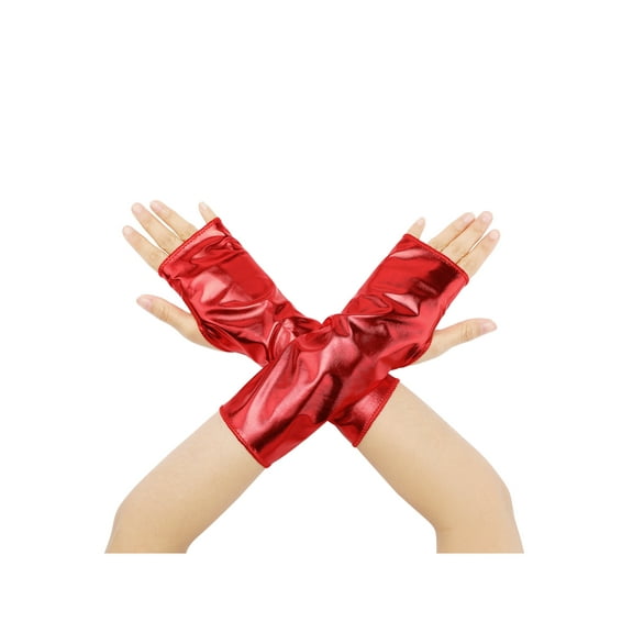 INSPIRE CHIC Women's Metallic Shiny Fingerless Short Gloves Shimmer Arm Warmers for Halloween Cosplay 1 Pair Red One Size