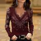 thumbnail image 2 of Mujeres Sexy Rhinestone V-Cuello Encaje Empalme Malla Manga larga Jersey Top Blusa Camiseta Pompotops  gfhjh22837, 2 of 5