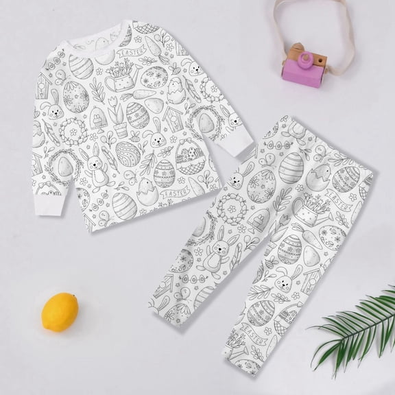 HOWPAY Easter Toddler Boy Outfits Bunny Eggs Print Long Sleeve Crew Neck Tops and Elastic Jogger Pants Pj Sets Soft 2 Piece Sleepwear White