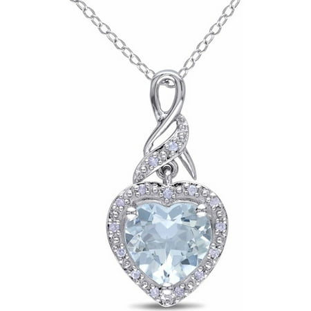 1-3/4 Carat T.G.W. Aquamarine and Diamond-Accent Sterling Silver Heart Pendant, 18