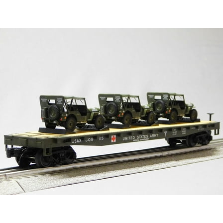 MTH PREMIER US ARMY FLAT CAR W/ WILLY'S TRANSPORT JEEP O GAUGE 20-92368D-609115