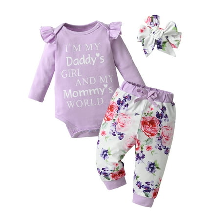 3pcs Infant Baby Girls Cotton Clothes Set Long Sleeve Romper Bodysuit Top and Floral Pants with Bow Headband Newborn Clothing 461 Newborn