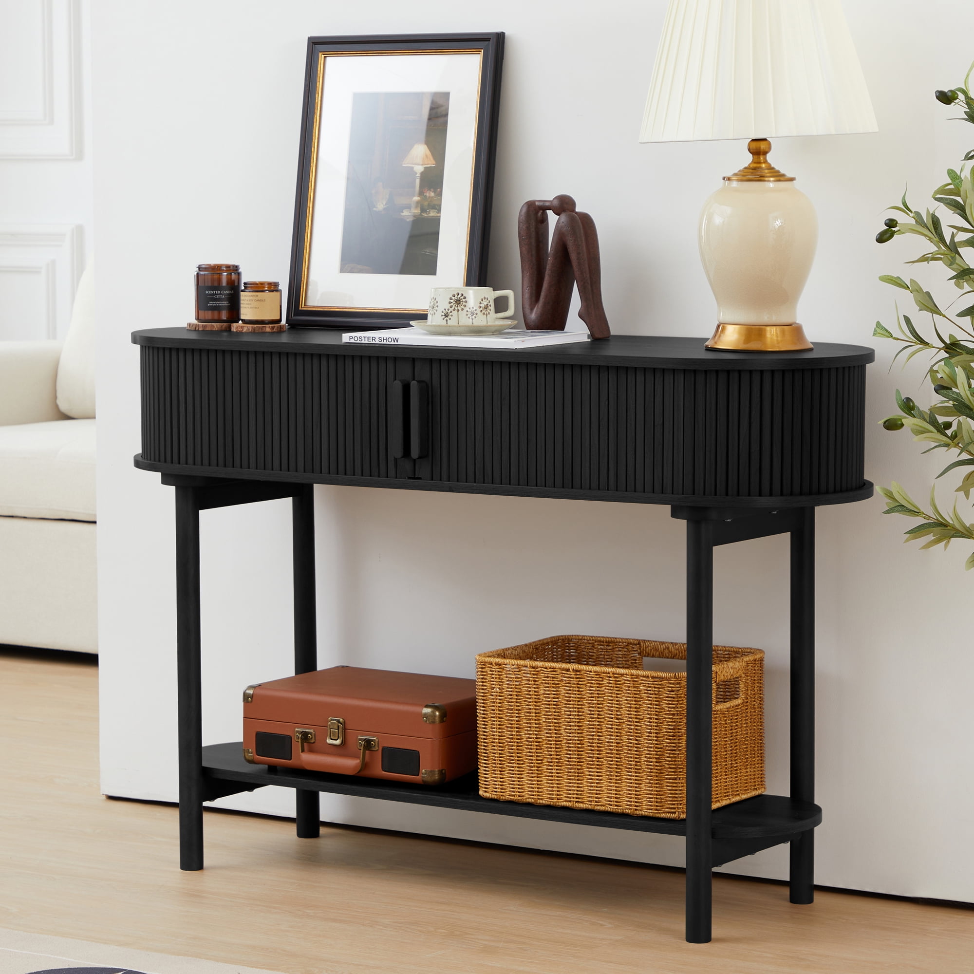 Wirrytor Black Console Table with Storage, Wood 2-Tier Modern Sofa Table for Living Room, Narrow Sofa Table with Sliding Door and Open Storage Shelf, Hallway Table and Couch Table Behind Sofa