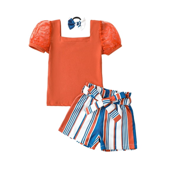 6T Little Girls Clothes 7T Girls 3PCS Summer Outfits Set Little Girls Short Sleeve Top Shorts Set with Headband Orange