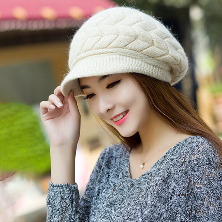 〽️Women’s White Winter Warm Knit Wool Snow Ski Hat with Visor HINDAWI Winter Hats for Women Outdoor Warm Winter Hat Knit  main image 4