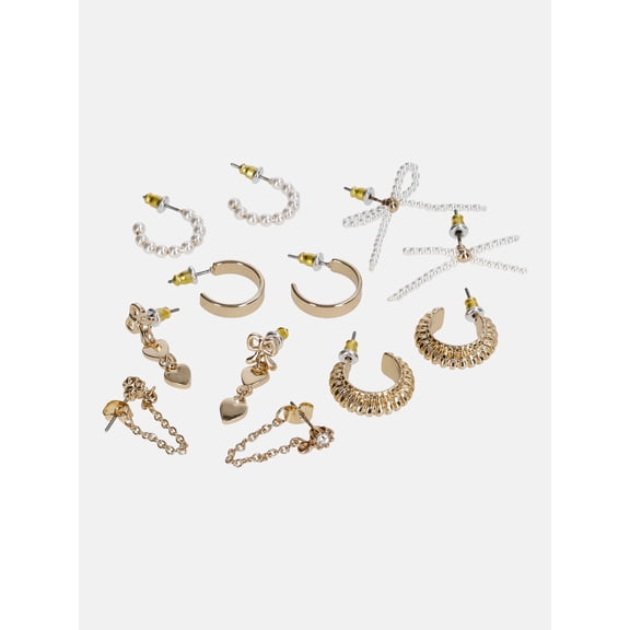 No Boundaries Multi Earring Set, Gold Tone, Studs, Mini Hoops & Charms, 6-Piece, Women's