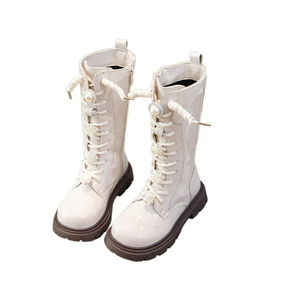 Cethrio Little Girls' Knee Boots Size 11(Little Kids), Waterproof Lace-Up Non-slip Riding Boots Winter Shoes Beige
