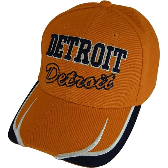 Detroit City Name Block and Script Lettering Baseball Cap with Embroidered Bill (Orange/Navy)