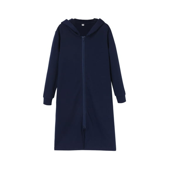 Girls Hooded Bathrobe Zip-Up Long Sleeve Nightrobe Sleepwear Midi Soft Nightdress