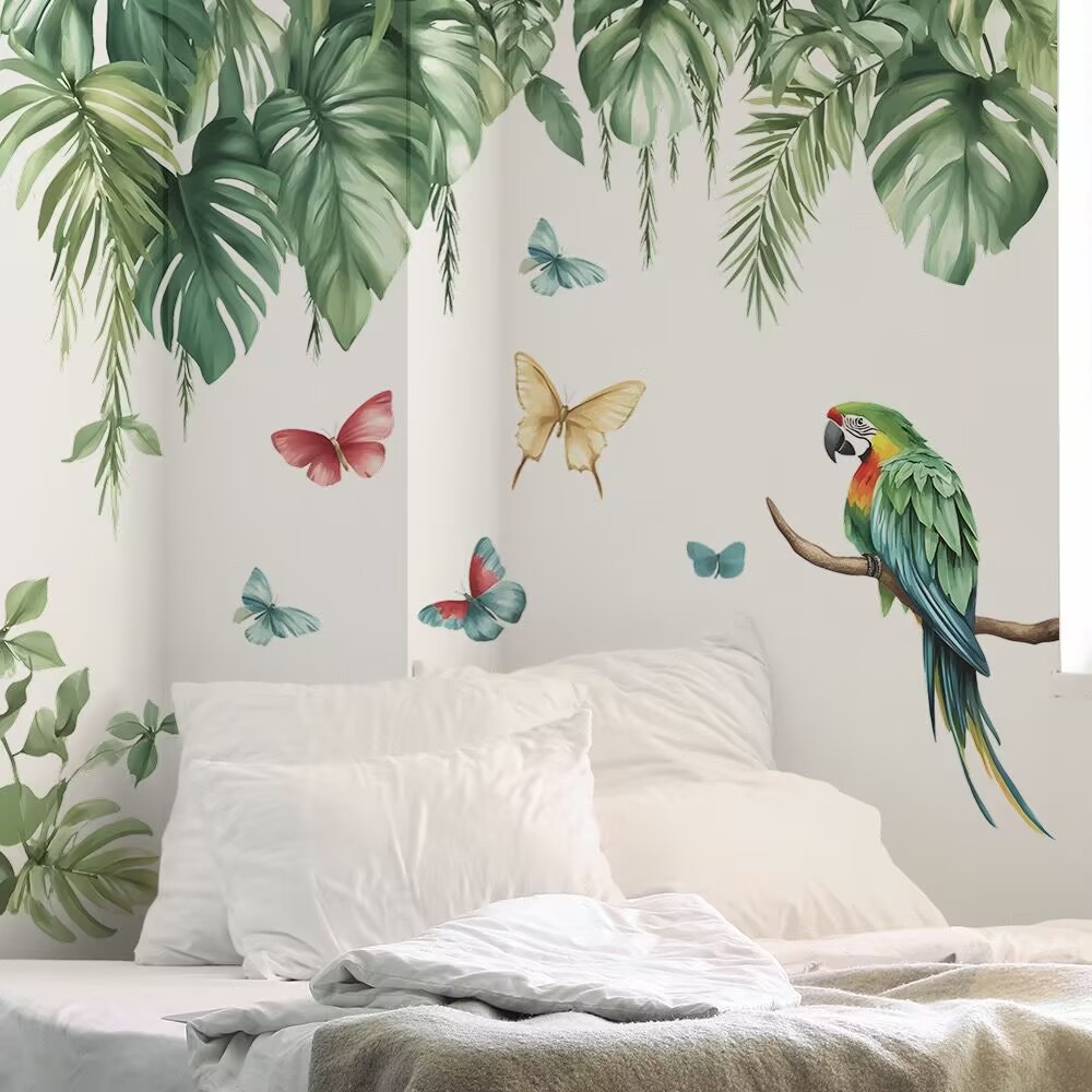 Tropical Plant Birds Wall Decals Stickers, Palm Leaves Parrot Toucan Home Bedroom Decor, Hanging Vines Hibiscus Flower Living Room Kitchen Decorations Art