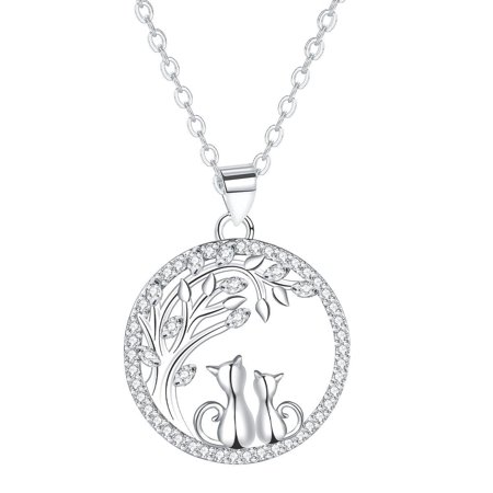 Cat Necklace White Gold Plated Cute Double Two-Tone Cat Pendant Cubic Zirconia Necklace, Birthday Valentine Gifts for Mother Daughter Cat Lovers