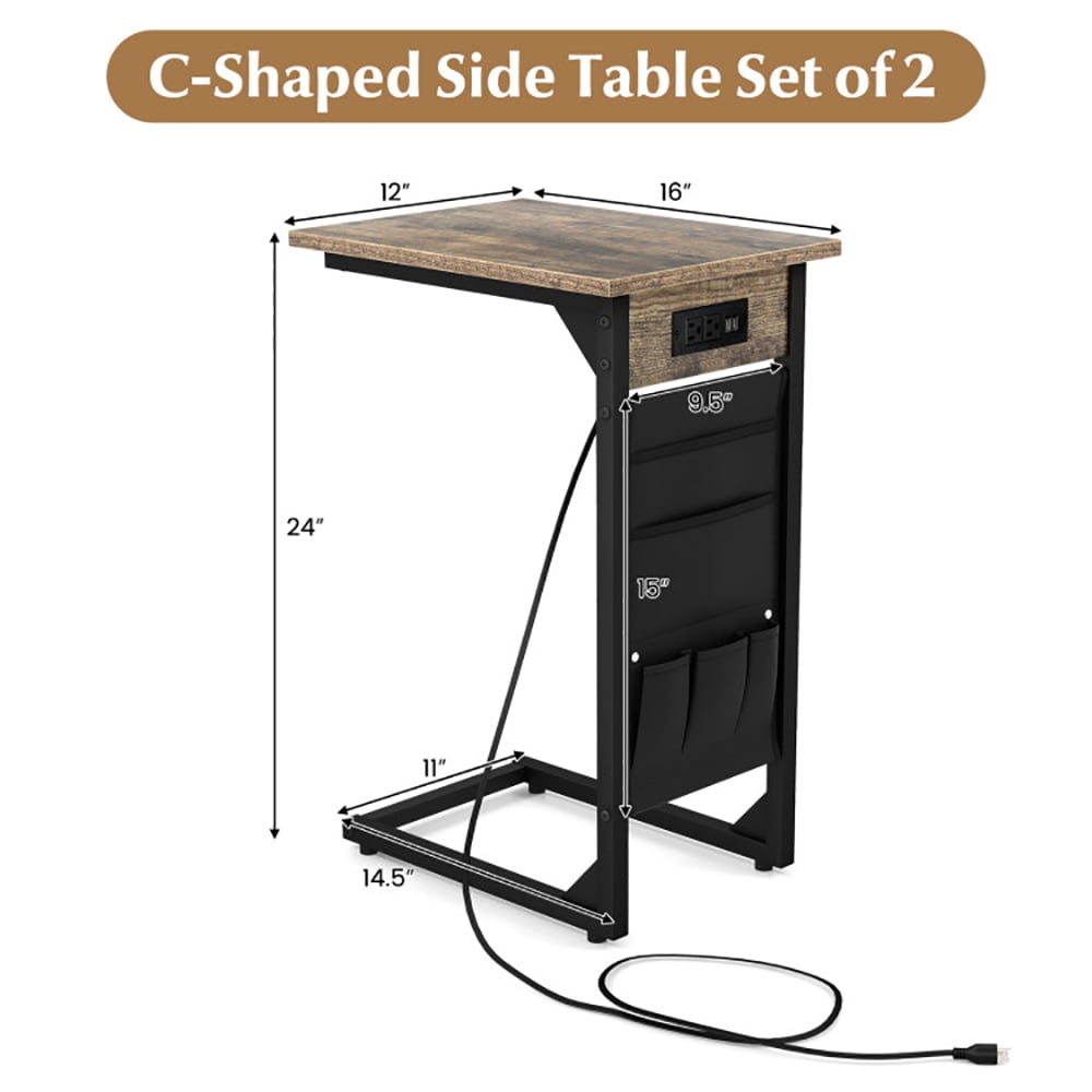 Finihen End Table, Set of 2 C Shaped End Table with Charging Station, Sofa Side Table, Bed Side Table, for Living Room, Bedroom, Rustic Brown Finihen End Table, Set of 2 C Shaped End Table with Charging Station, Sofa Side Table, Bed Side Table, for Living Room, Bedroom, Rustic Brown