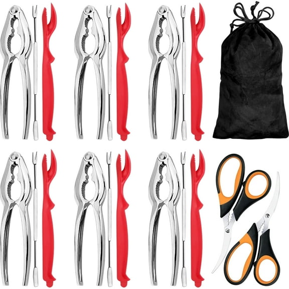 Kosbon 21-pieces Seafood Tools Set Includes 6 Sharp Crab Crackers, 6 Lobster Shellers, 6 Crab Leg Forks/Picks and 2 Safe Seafood Scissors & Storage Bag