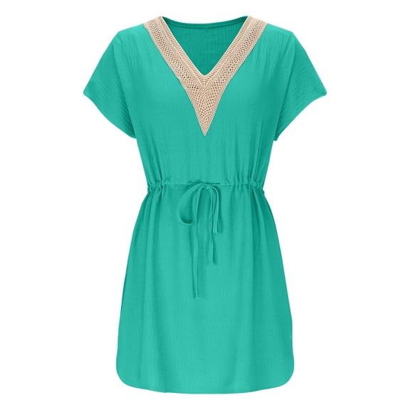 Women's Beach Dress, Vacation Smock Dress with V-Neck and Crochet Lace, Lightweight Summer Cover Up for Casual Outings
