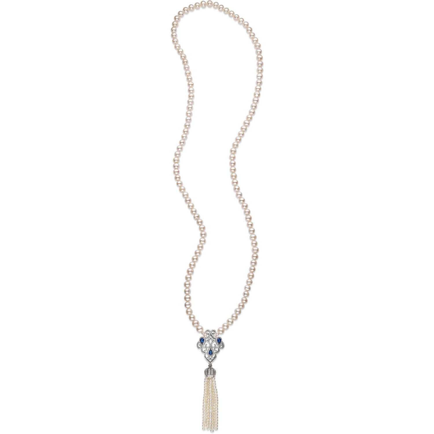 4-8mm Cultured Freshwater Pearl and Cubic Zirconia Sterling Silver Tassel Necklace, 32" by China Pearl