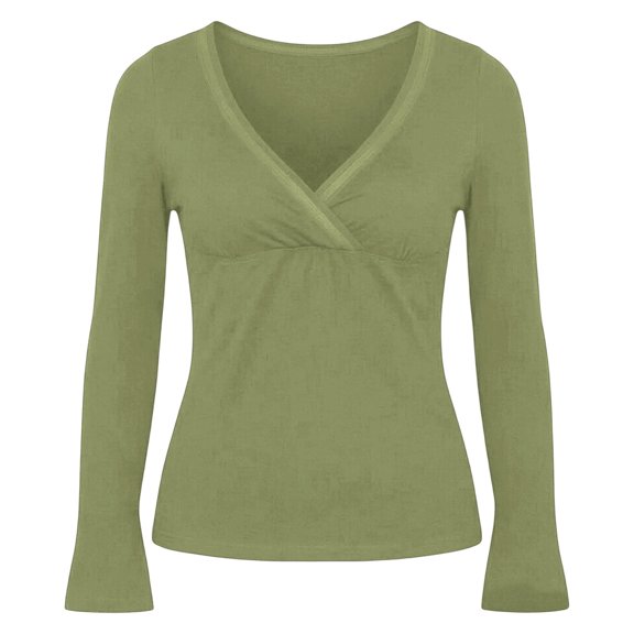 Arlun Long Sleeve Wrap V-Neck T Shirts for Women Slim Fitted Stretch Solid Color Tee Summer Fall Lightweight Comfort Casual Basic Going out Tops Versatile for Daily Wear 1-Green XL