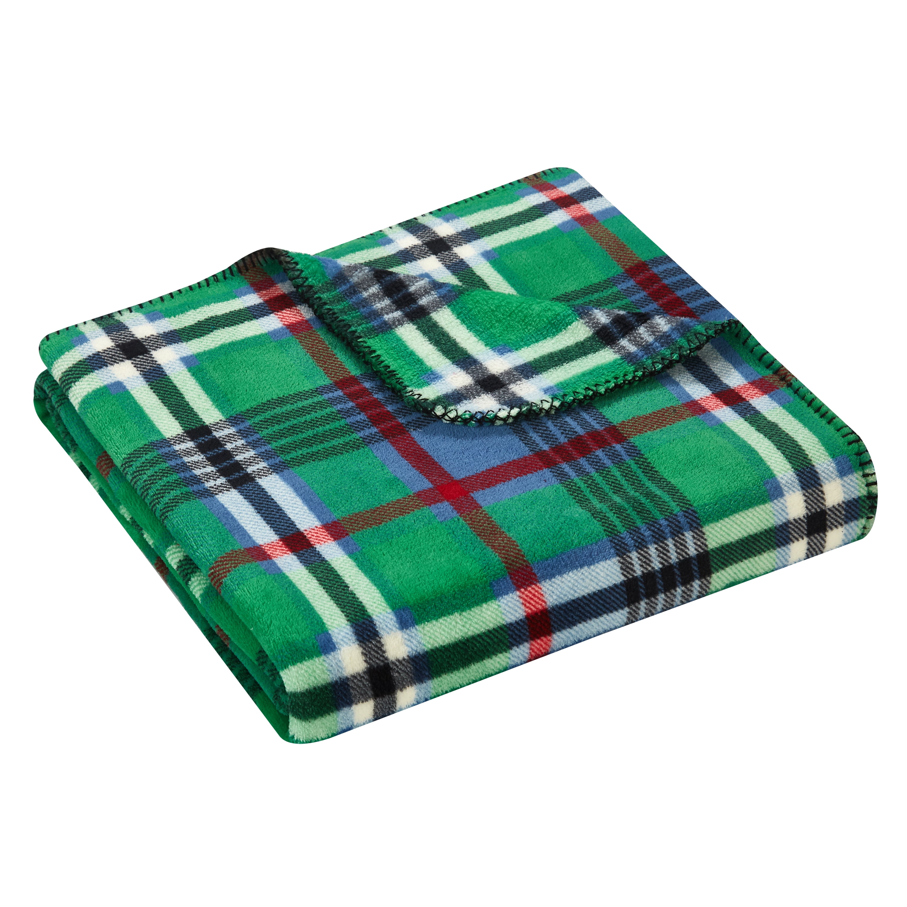 Mainstays Fleece Plush Throw Blanket, 50" x 60", Set of 2, Red Solid, Green and Blue Plaid