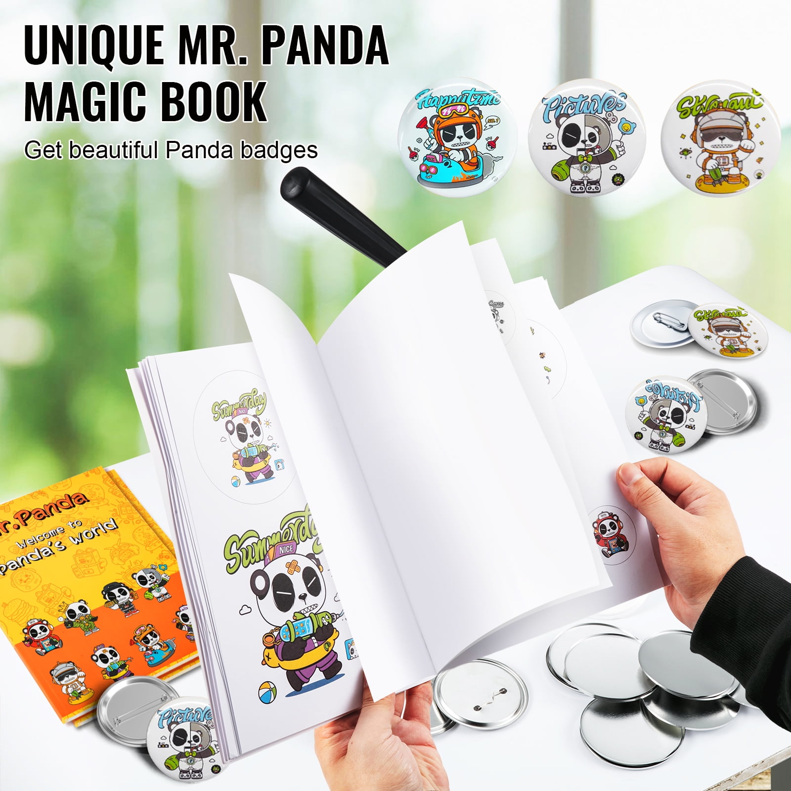 VEVOR Button Maker 1/1.25/2.28 inch(25/32/58mm) 3-in-1 Pin Maker with 300pcs Button Parts Button Maker Machine with Panda Magic Book Ergonomic Arc