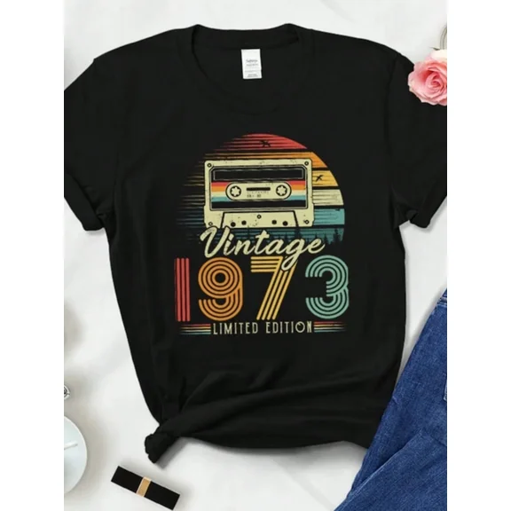 Vintage 1973 Limited Edition Retro Cassette Tape Graphic T-Shirt - Classic 51st Birthday Gift for Men and Women - 70s Style Aesthetic Short Sleeve Tee