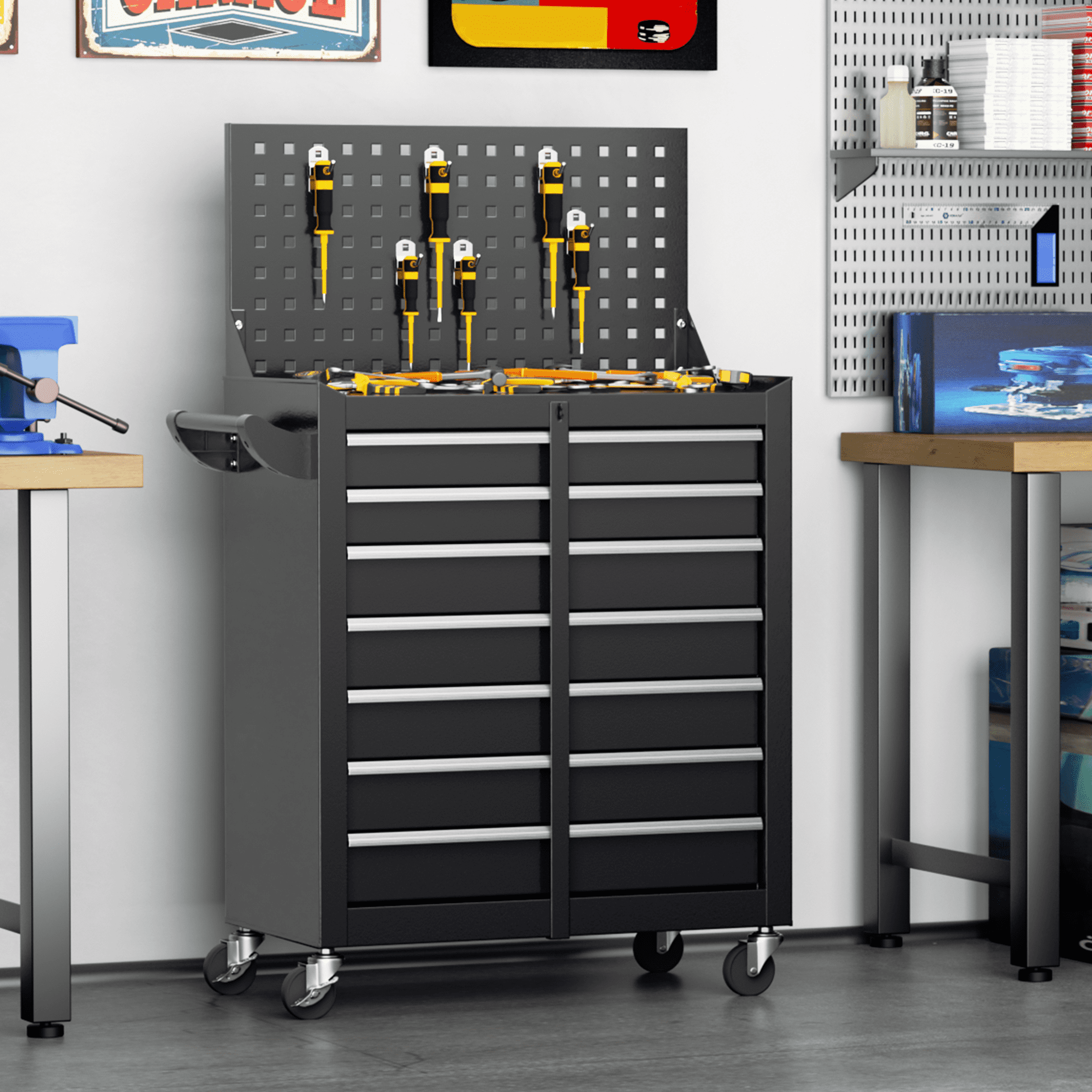 SUNCROWN 7-Drawer Metal Tool Chest with Pegboard, Rolling Tool Cart with Wheels, Tool Box,Liners and Locking System for Garage,Warehouse,Workshop, Barbershop(Black)