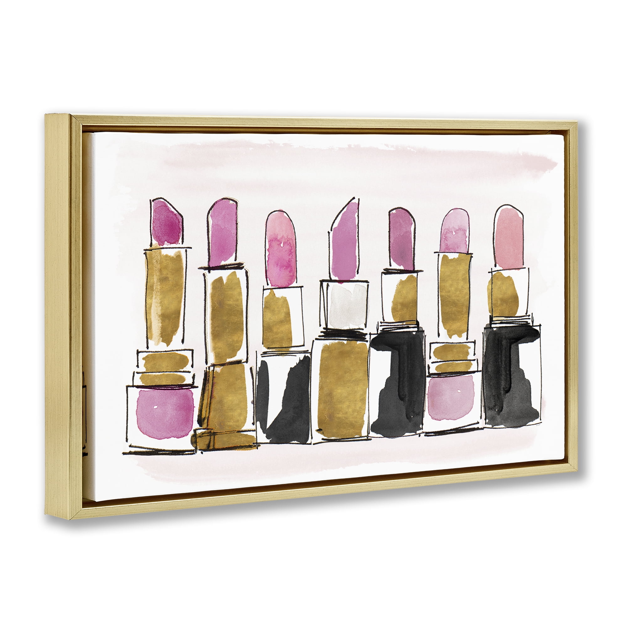 Stupell Industries Glam Lipstick Doodle Fashion Painting Gold Floater Framed Canvas Art Print Wall Art, 31 x 21