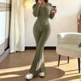 thumbnail image 2 of Szluipve Women Ribbed Knit 2 Piece Outfit Zip Up Hooded Long Sleeve Top High Waist Flare Pants Set Slim Fit Casual Matching Tracksuit, 2 of 6