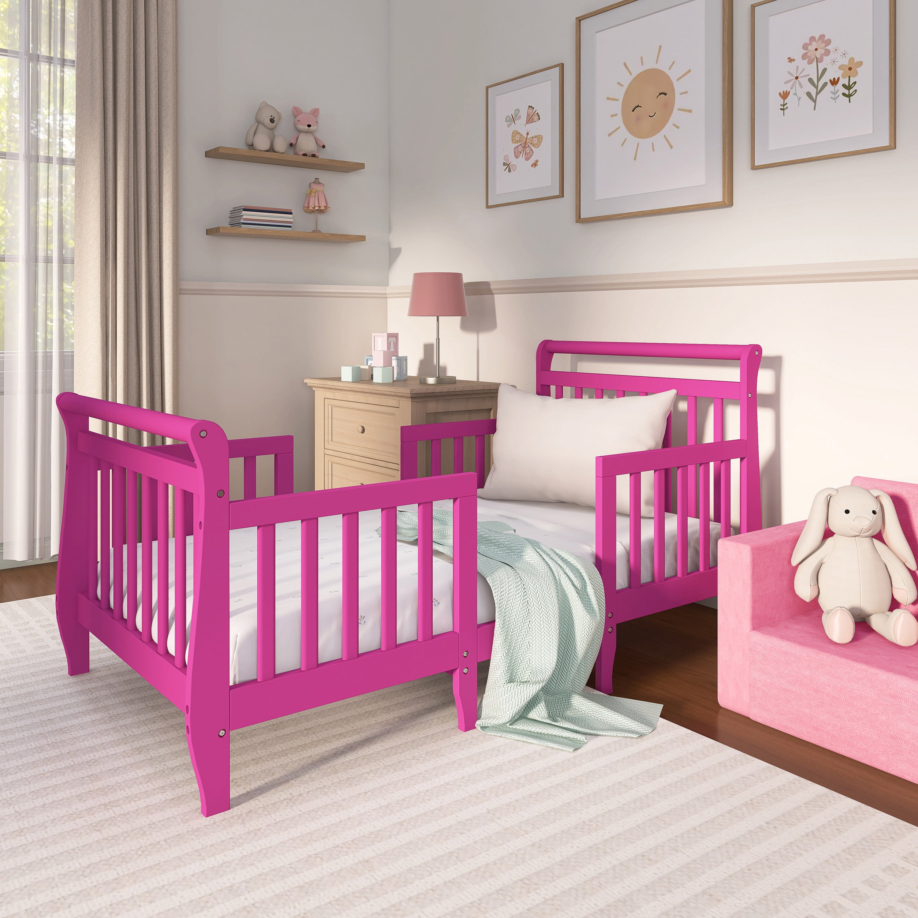 Dream On Me Emma 3-in-1 Convertible Toddler Bed, Fuchsia Pink