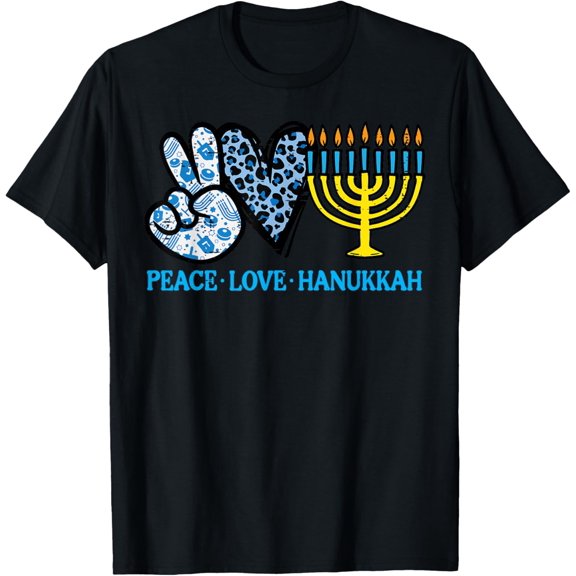 Peace Love Hanukkah Chanukah Menorah Jewish Women Kids Men T-ShirtMen and women, Black T-shirt, size: Extra large