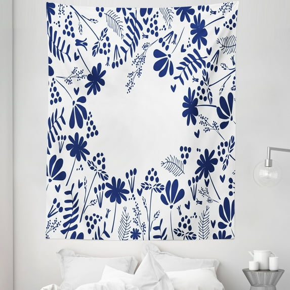 Spring Tapestry, Botanical Beauty Flower Branches Ferns Leaves Bushes Spring Themed Illustration, Fabric Wall Hanging Decor for Bedroom Living Room Dorm, 5 Sizes, Indigo White, by Ambesonne