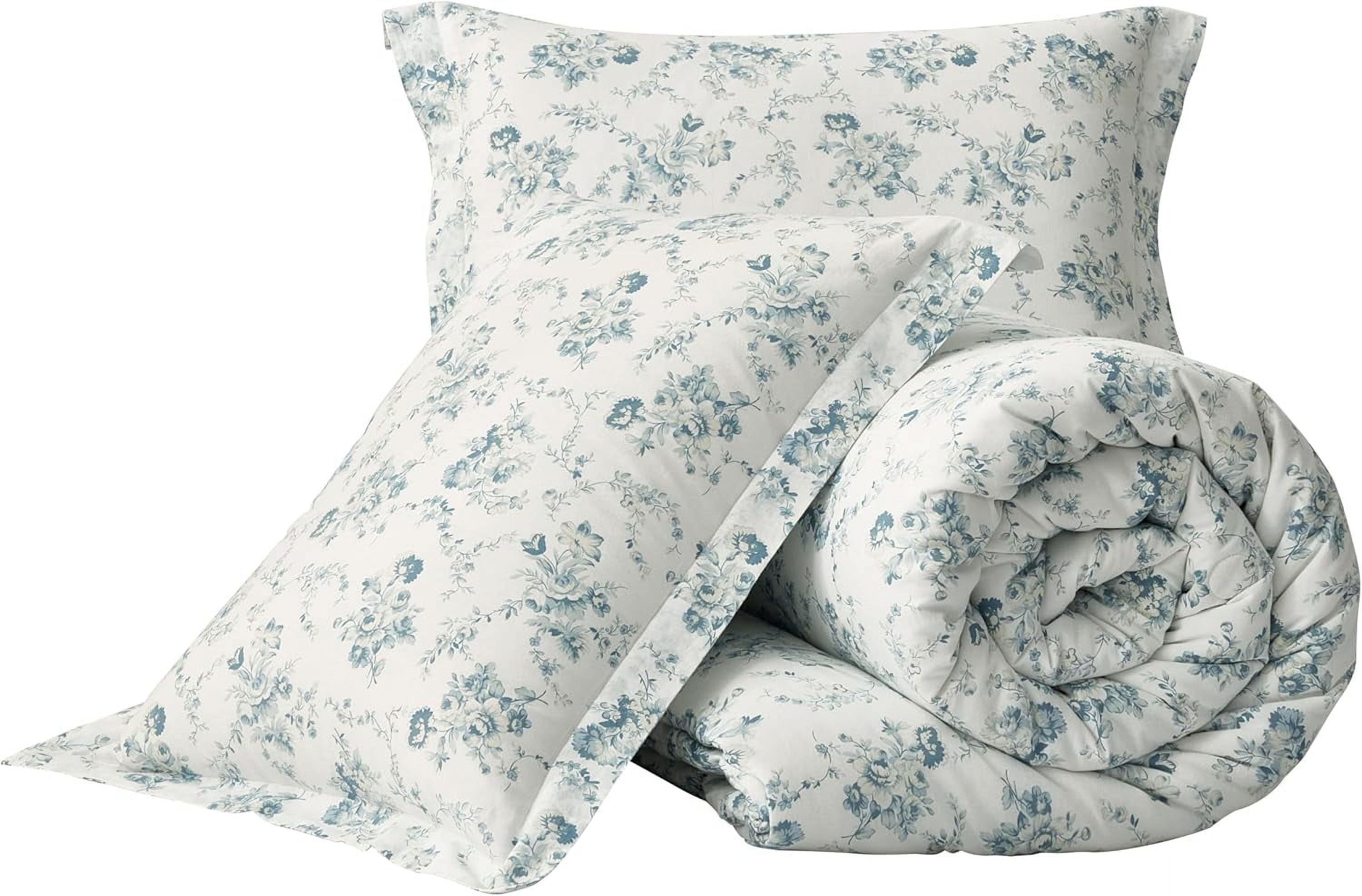 Chezmoi Collection Gigi 2-Piece Washed Cotton Comforter Set Twin Size, Elegant Blue Ivory White Floral Printed Bedding Set Reversible Lightweight Comforter for All Season