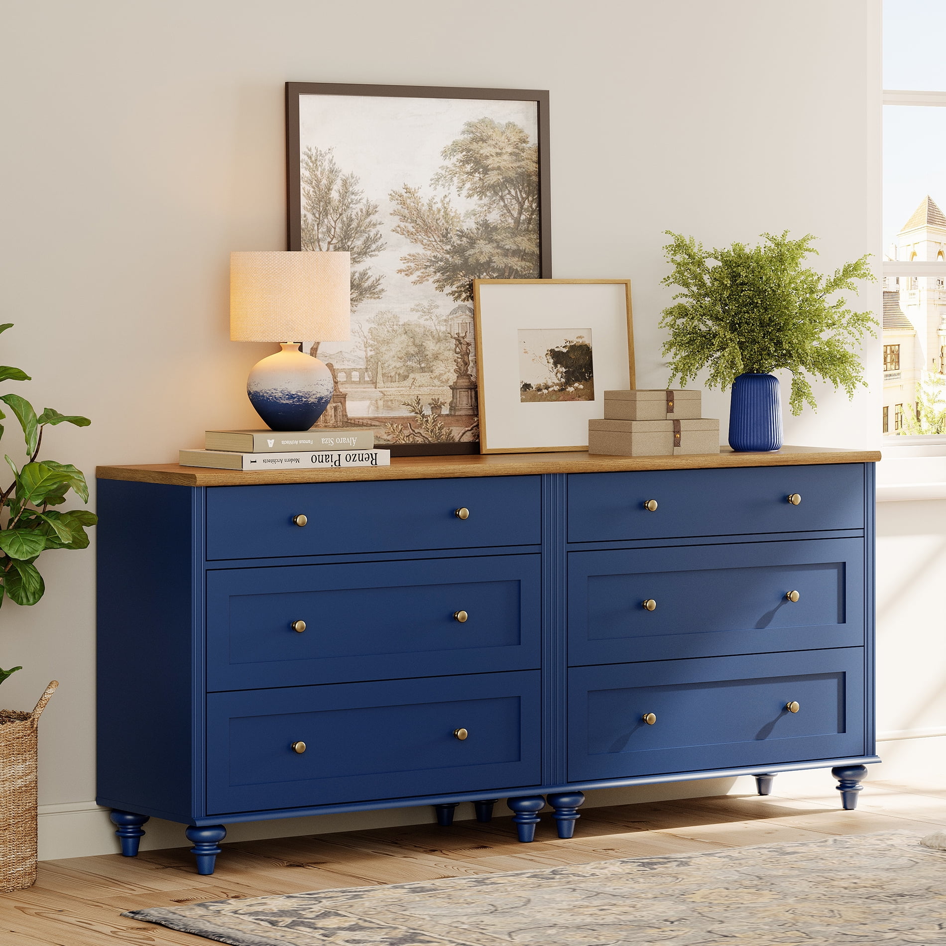 Dresser for Bedroom with 6 Drawers, Kids Dressers with Wide Chest of Drawer, Mid Century Modern Wooden Closet Storage Organizer, Large Wood Dressers for Living Room, Nursery, Hallway, Navy Blue