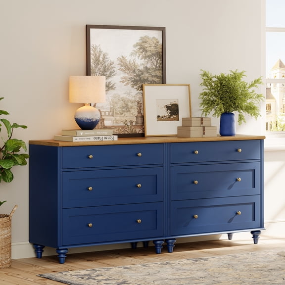 Dresser for Bedroom with 6 Drawers, Kids Dressers with Wide Chest of Drawer, Mid Century Modern Wooden Closet Storage Organizer, Large Wood Dressers for Living Room, Nursery, Hallway, Navy Blue