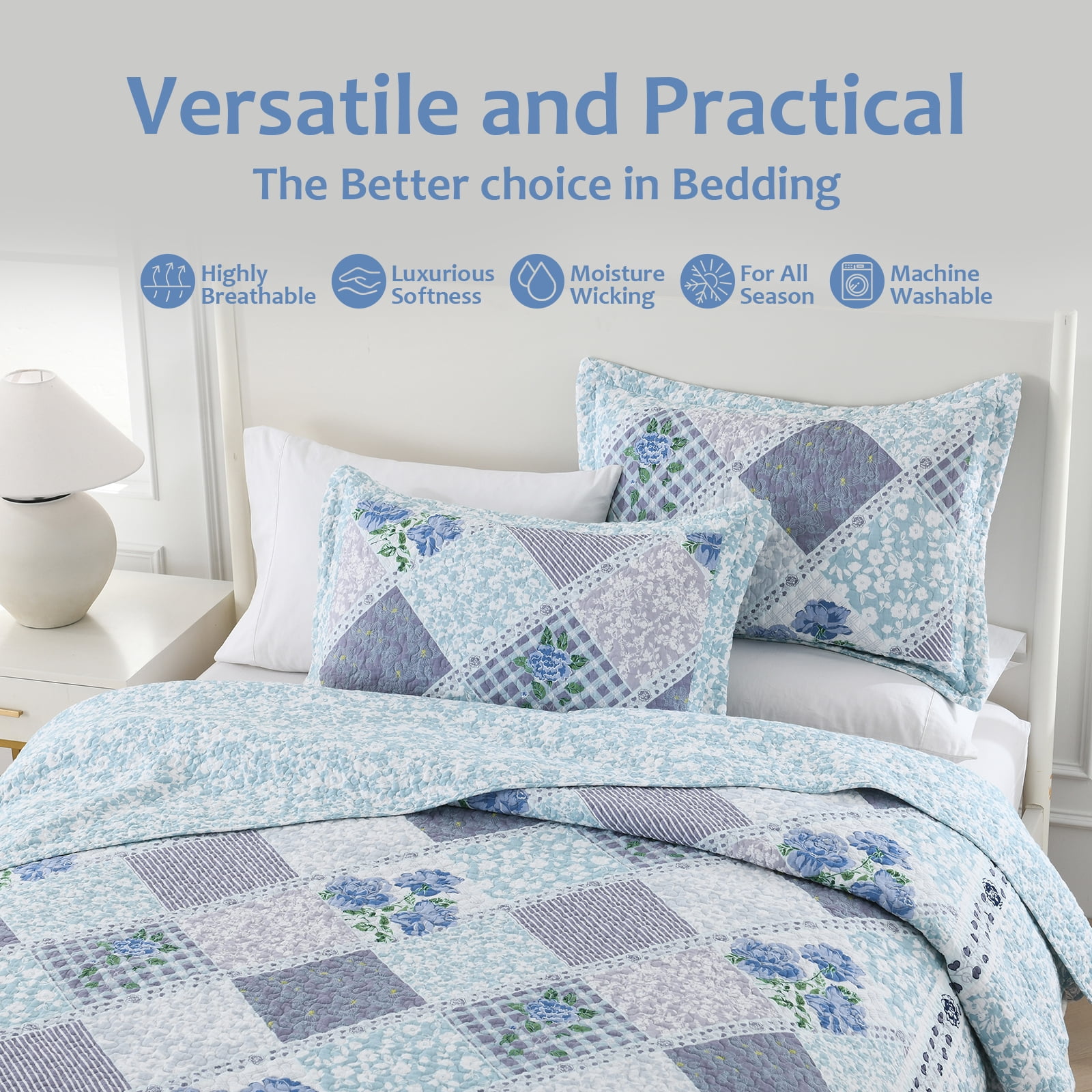 DUOHONG Floral Bedspreads King Size 120"W x 120"L - 100% Cotton Reversible Oversized King Quilt with 2 Pillow Shams, Farmhouse King Bedspread Lightweight Bedding Set, Blue/Light Blue, King