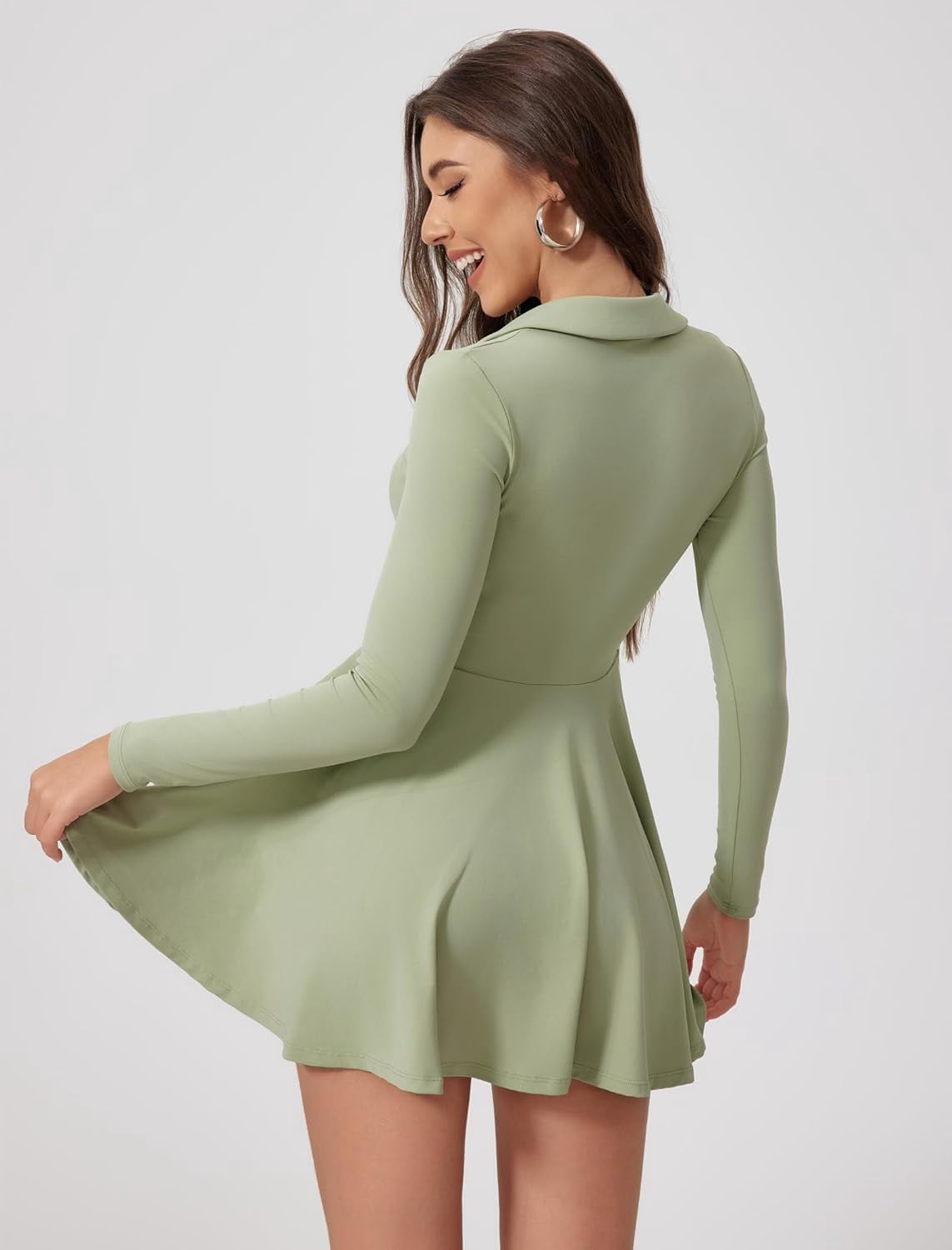 PISONIC Womens Tennis Dress Polo Collar Long Sleeve A-line Mini Exercise Athletic Dresses with Pockets Shorts