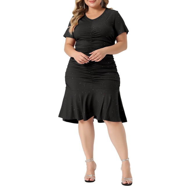 Unique Bargains Robe Grande Taille pour Femmes Col en V Manches Courtes Robes Plissées Pailletées Noir 4X
