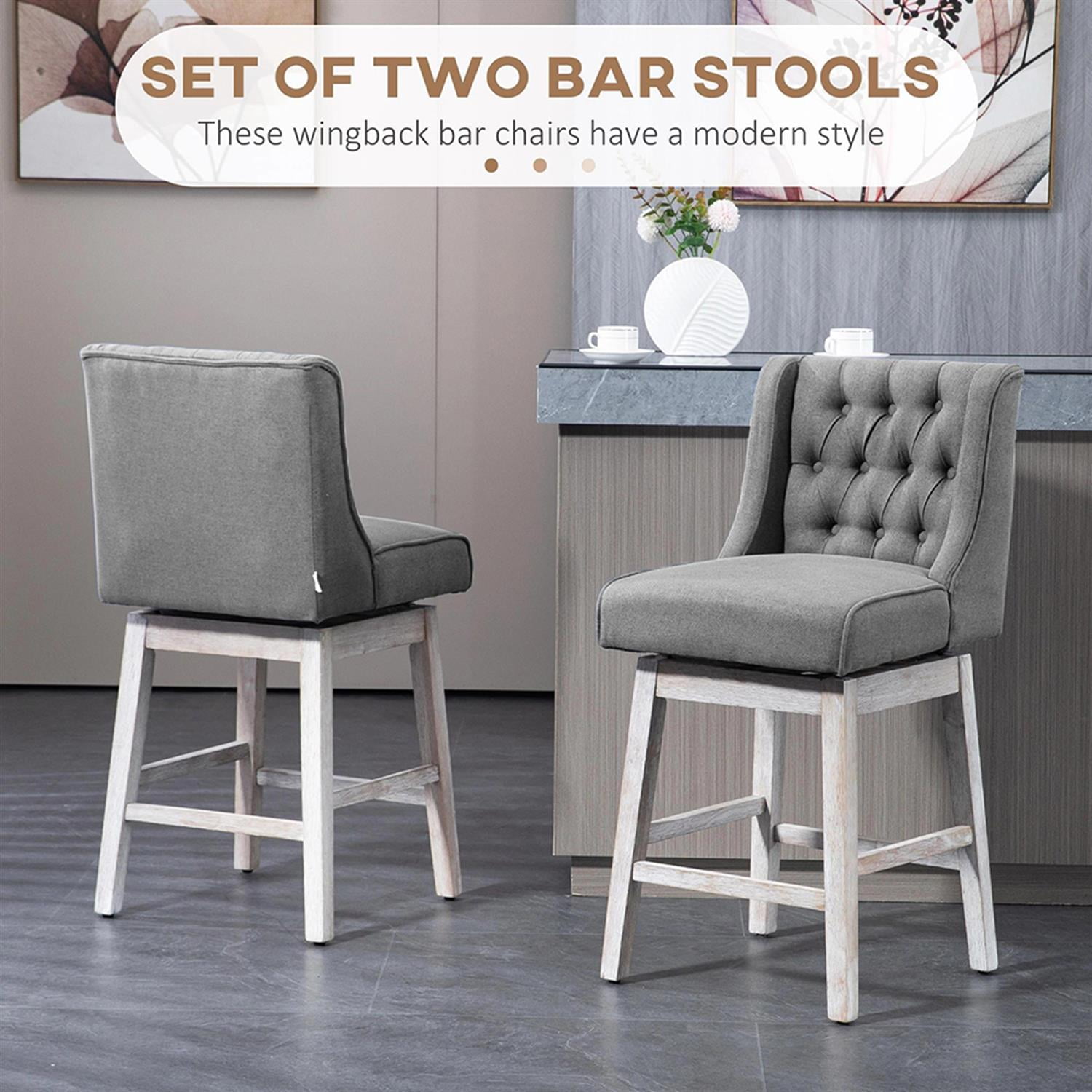 Demi Bonn 180 Degree Swivel Bar Stool Set of 2, Modern Cushioned Bar 27" Seat Height Stool with Linen Upholstery, Button Tufted Back and Solid Wood Legs, Gray