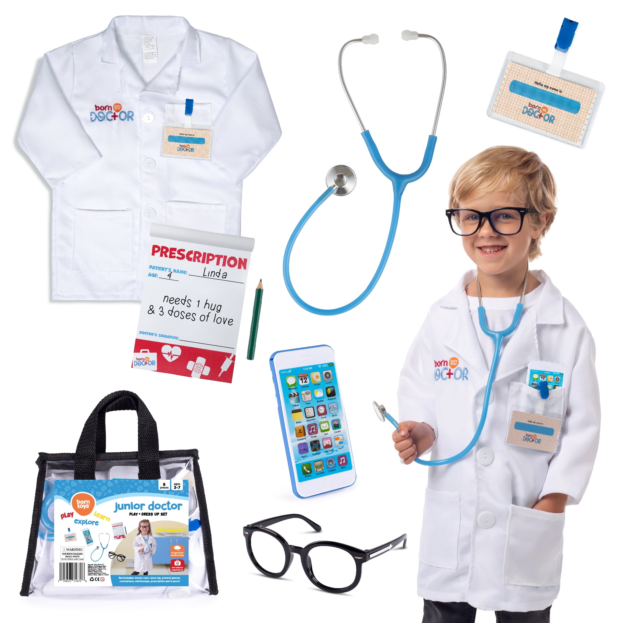 Toy Phone Real Stethoscope Born Toys Doctor Kit for Kids Eyeglasses Pretend Play Doctor Set for Kids Ages 3 & Up Prescription Pad & Pencil Complete Kids Doctor Kit Includes Kids Doctor Coat 