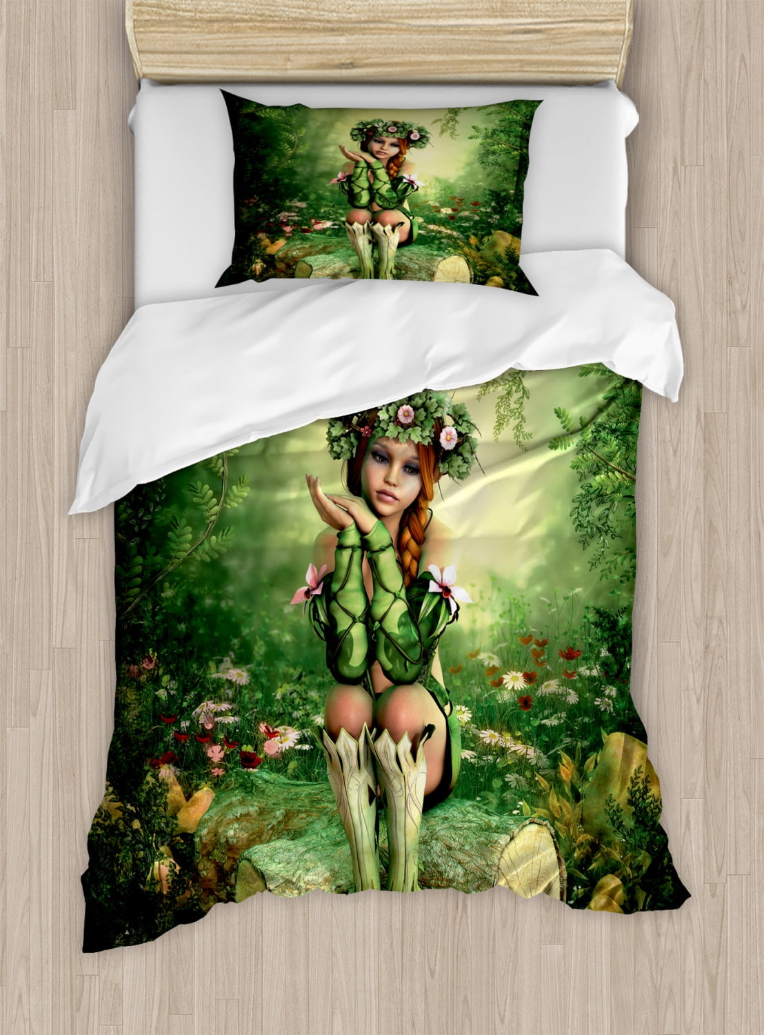 Fairy Duvet Cover Set, Computer Art Elf Girl with Wreath on Her Head