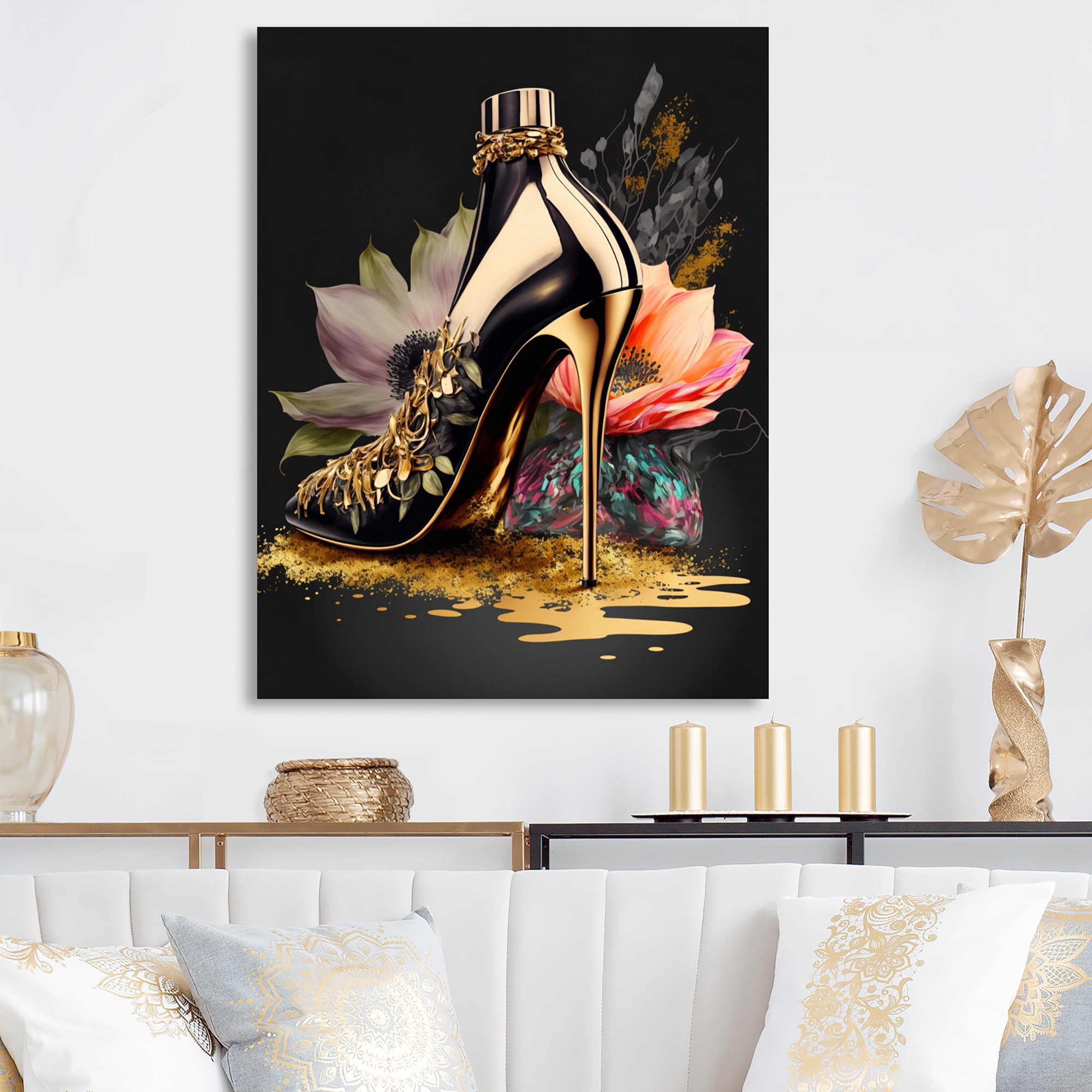 Designart Black And Gold High Heel Shoe I Canvas Wall Art