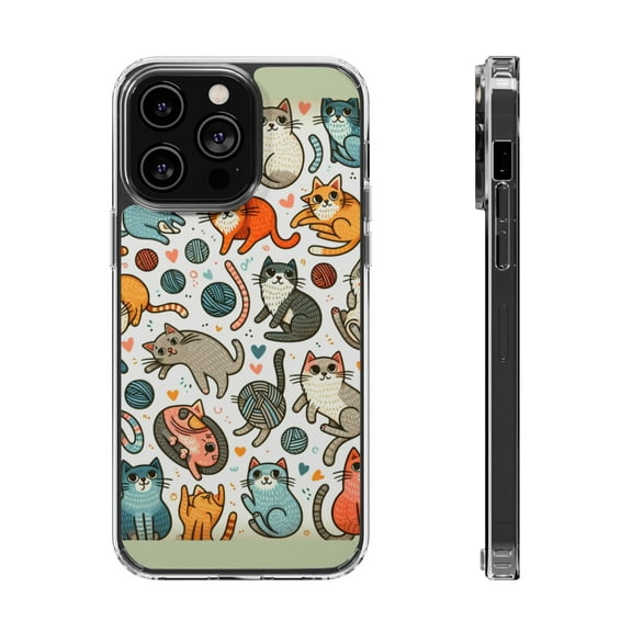 DistinctInk Hybrid (Acrylic / TPU) Clear Slim Fit Case for Apple iPhone 13 Pro (6.1" Screen) - "Cats Galore: Playful and Whimsical Patterns"