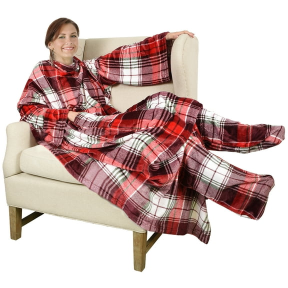 Catalonia Wearable Fleece Blanket with Sleeves and Foot Pockets for Adult Women and Men, Micro Plush Comfy Wrap Sleeved Throw Blanket Robe, Large, Red Plaid, 75" x 53"