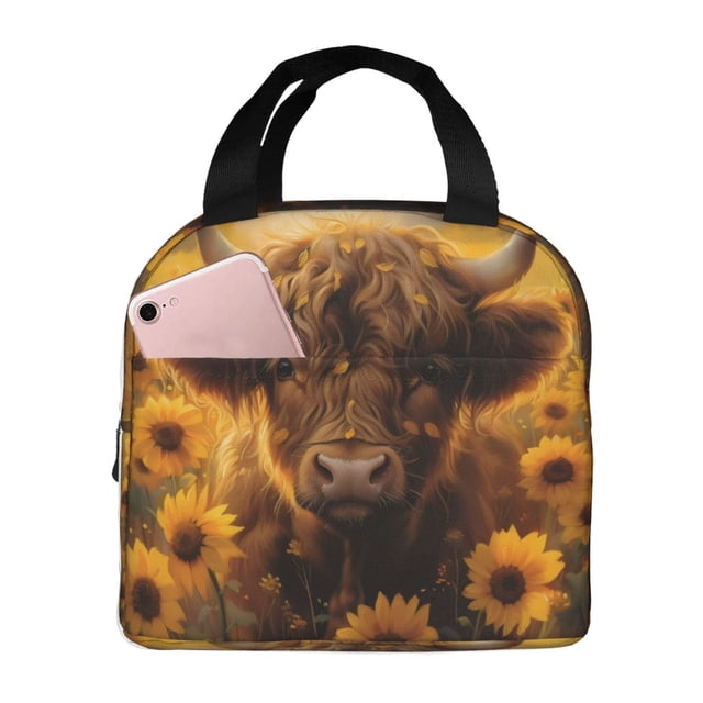 Easygdp Cute Cow Sunflower Field Bolsa Térmica Premium - Tela Oxford Impermeable, Gran Capacidad, Bolsillo Frontal, Unisex para Trabajo, Escuela, Actividades al Aire Libre y Picnics