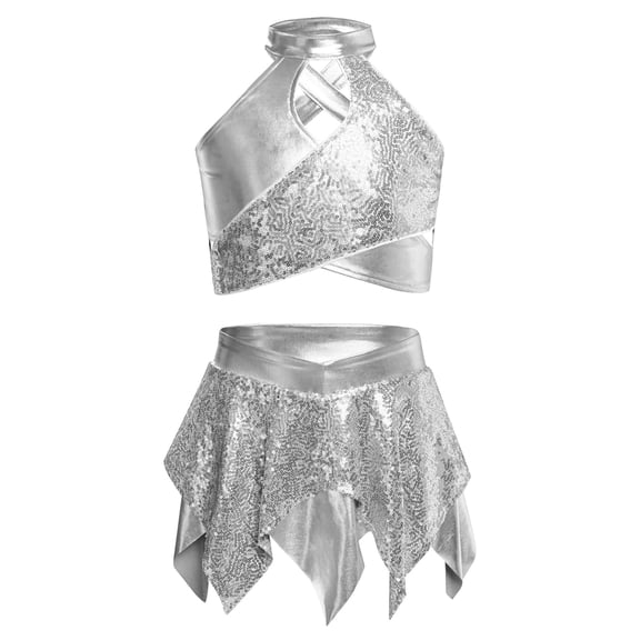 Raenseen Girls Sequin Jazz Dance Outfits Sleeveless Halter Crop Top with Flared Skirt Salsa Samba Ballroom Performance Wear Silver 12