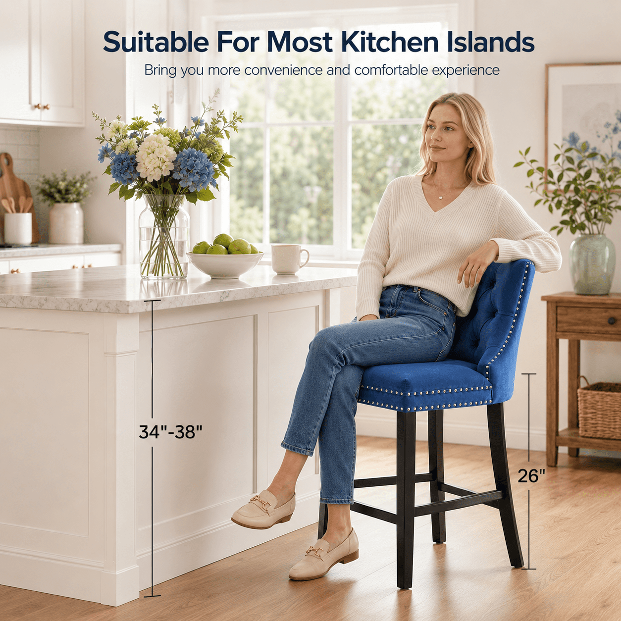 Bar Stools Set of 4, PAPROOS Velvet Bar Stool with Back, Solid Wood Frame & Nailhead Trim, Counter Height Bar Chair Button Tufted Upholstered Seat, Full Back Bar Stools, Blue