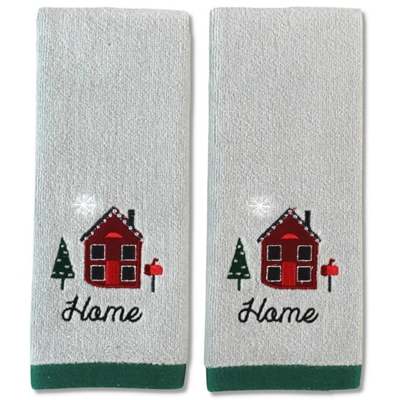 Serafina Home Christmas Fingertip Towels: No Place Like Home for The Holidays Plush Velour Cotton Embroidered Country House on Gray, Set of 2