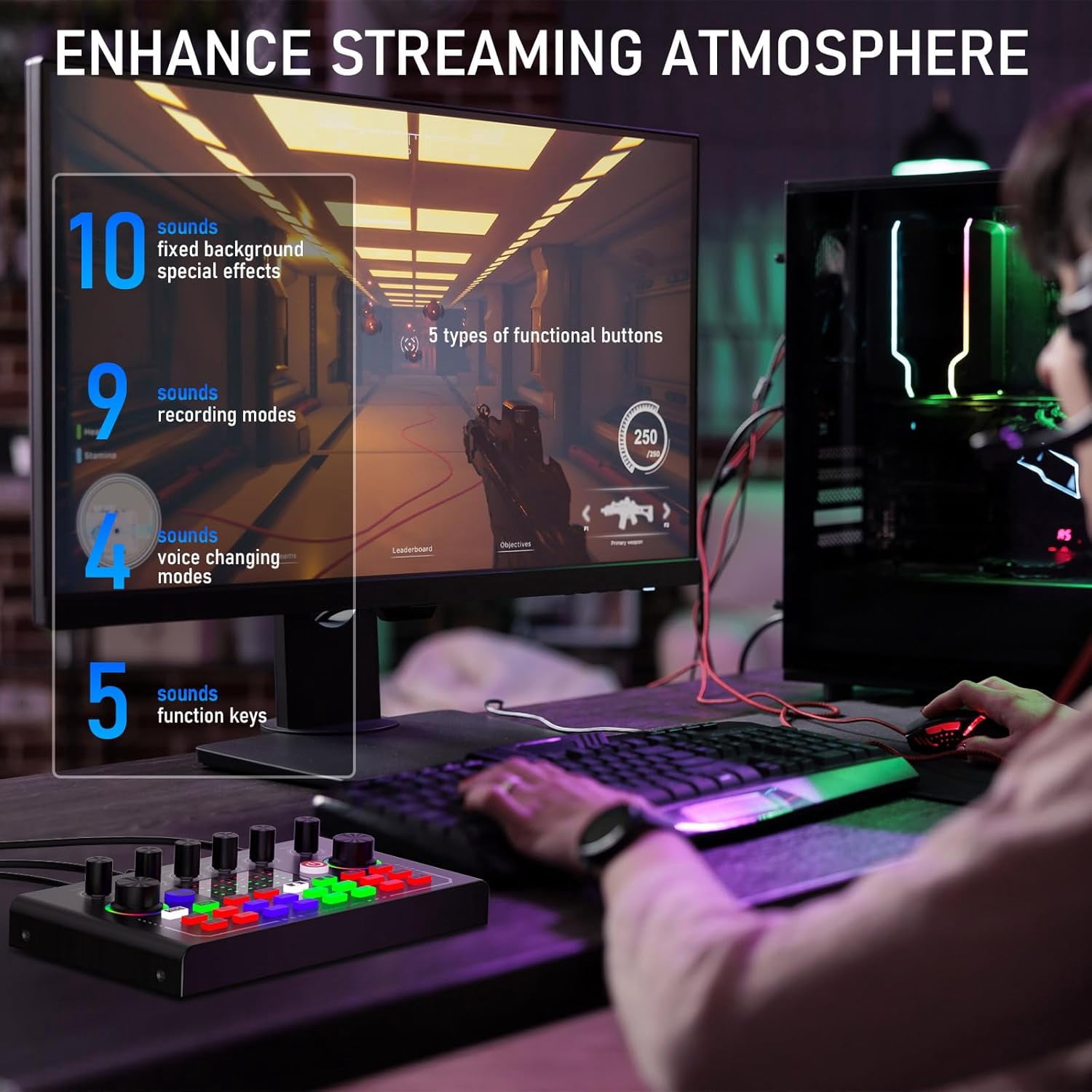 Live Sound Card, Wireless Bluetooth Audio Mixer, Podcast Audio Mixer with RGB Colorful Buttons, All-in-One Podcast DJ Device Live Broadcast Sound Card for PC Phone Karaoke Singing Gaming (Black)