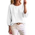 thumbnail image 2 of TGSLY Crew Neck Linen Tops for Women Lightweight Soft Solid Color Crinkle Blouses Relaxed Dressy 3/4 Balloon Sleeve Tshirts with Elastic Cuffs L, 2 of 6