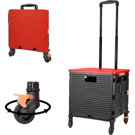 Foldable Utility Cart with Durable Heavy Duty Plastic Telescoping Handle Collapsible 4 Rotate Wheels for Travel Shopping(Black-Red)