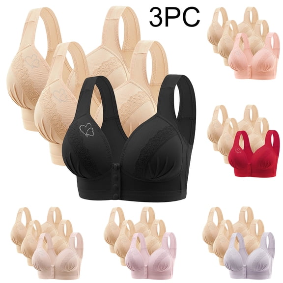 Yxbdin 3 Pack Front Closure Bras for Women Wireless Lace Push Up Bra Lifting Full Coverage Bras Gathering Support Bras Comfy Wide Straps Everyday Bras